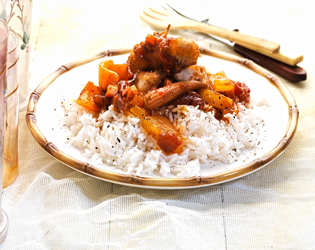 Γλυκόξινο κοτόπουλο με ρύζι μπασμάτι